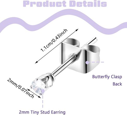 Silver Stud Earrings for Women, 6 Pairs Stainless Steel Tiny Earrings, 2mm Cubic Zirconia Flat Back Earring - 20G CZ Studs Jewelry Set in Kuwait