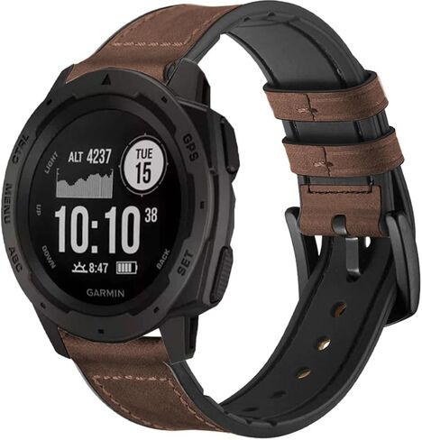 GARTOO Leather Watch Band for Garmin Instinct/Instinct 2 Solar, Soft Genuine Leather with Silicone Sweatproof Wrist Strap for Garmin Instinct Tactical/Tide/Esports/Instinct Solar-Max Wrist 8.1" in Kuwait