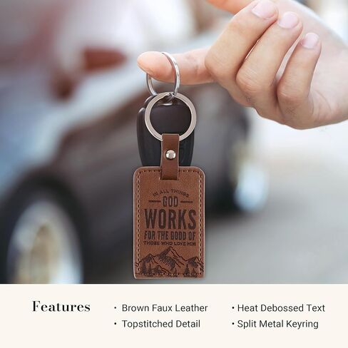 Christian Art Gifts Novelty Inspirational Scripture Vegan Leather Split Metal Keychain for Men & Women: God Works for Good Encouraging Bible Verse, Heat-debossed, Brown in Saudi Arabia