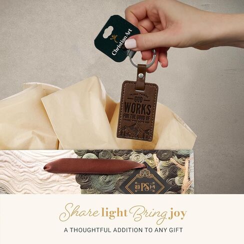 Christian Art Gifts Novelty Inspirational Scripture Vegan Leather Split Metal Keychain for Men & Women: God Works for Good Encouraging Bible Verse, Heat-debossed, Brown in Saudi Arabia