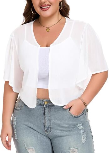 Plus Size Sheer Mesh Bolero Shrugs for Women Ruffled Short Sleeve Open Front Cropped Cardigans in Kuwait