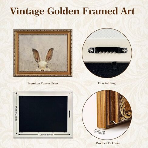 ASTRDECOR Gold Framed Wall Art - Vintage Easter Bunny Art Painting, Spring Rabbit Canvas Oil Painting Poster for Rustic Easter Décor, Kids Room, Nursery & Farmhouse Bedroom or Festive Spaces, 9x12inch in Kuwait