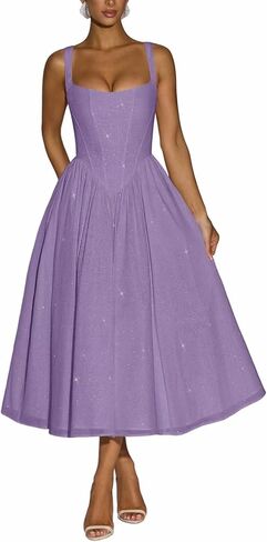 Sparkly Tulle Prom Dresses Saqure Neck A-Line Formal Dress Midi Corset Cocktail Party Gown for Teens in Saudi Arabia