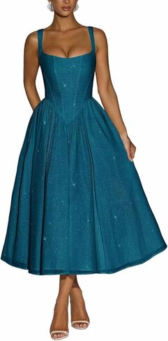 Sparkly Tulle Prom Dresses Saqure Neck A-Line Formal Dress Midi Corset Cocktail Party Gown for Teens in Saudi Arabia