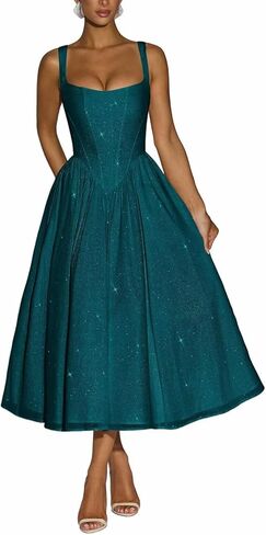 Sparkly Tulle Prom Dresses Saqure Neck A-Line Formal Dress Midi Corset Cocktail Party Gown for Teens in Saudi Arabia