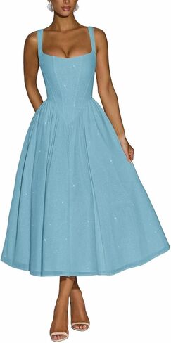 Sparkly Tulle Prom Dresses Saqure Neck A-Line Formal Dress Midi Corset Cocktail Party Gown for Teens in Saudi Arabia