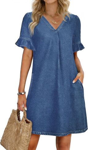Women's Denim Dress V Neck Ruffle Short Sleeve Babydoll A-Line Jean Mini Dress with Pockets in Kuwait
