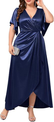 Women's Plus Size Formal Satin Dress V Neck Wrap Ruched Maxi Evening Gown Cocktail Party Wedding Guest Dresses in Kuwait