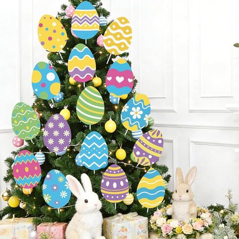 16 Pcs Large Easter Tree Decorations Egg Ornaments Cute Colored Egg Picks Ornaments Extra Large Pink Yellow Blue Easter Eggs Tree Picks Toppers for Home School Office Spring Party Vase Decor in Kuwait