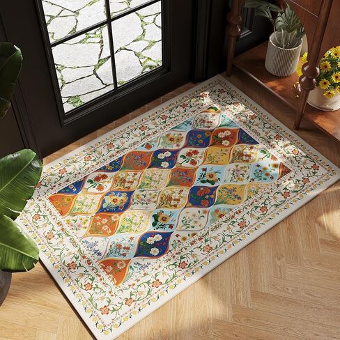 Bohemian Geometric Floral Entryway Rug 2x3, Machine Washable Indoor Door Mat, Low Pile Area Rug, Non-Slip Carpet for Entrance, Kitchen & Kids Room | Beige in Kuwait