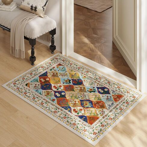 Bohemian Geometric Floral Entryway Rug 2x3, Machine Washable Indoor Door Mat, Low Pile Area Rug, Non-Slip Carpet for Entrance, Kitchen & Kids Room | Beige in Kuwait