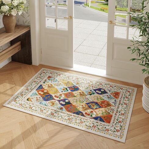 Bohemian Geometric Floral Entryway Rug 2x3, Machine Washable Indoor Door Mat, Low Pile Area Rug, Non-Slip Carpet for Entrance, Kitchen & Kids Room | Beige in Kuwait