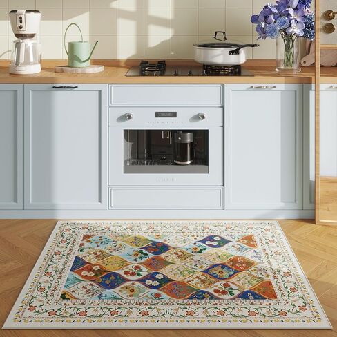 Bohemian Geometric Floral Entryway Rug 2x3, Machine Washable Indoor Door Mat, Low Pile Area Rug, Non-Slip Carpet for Entrance, Kitchen & Kids Room | Beige in Kuwait