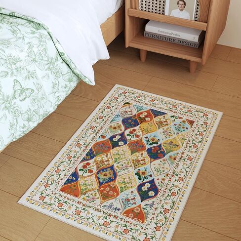 Bohemian Geometric Floral Entryway Rug 2x3, Machine Washable Indoor Door Mat, Low Pile Area Rug, Non-Slip Carpet for Entrance, Kitchen & Kids Room | Beige in Kuwait