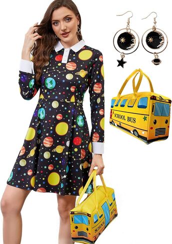 3Pcs Womens Long Sleeve Peter Pan Collar Fit and Flare Above Knee Aline Halloween Dress in Kuwait
