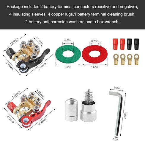 2 PCS Car Battery Terminal Connectors, 4-Way Quick Release Disconnect Battery Terminals with Contacts Washer Set and Hex Key, Gold Plated Battery Terminal Connectors for Most Vehicles in Kuwait