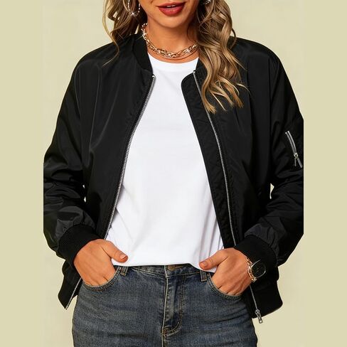 Women's Bomber Jacket Casual Zip-Up Coat, Lightweight Flight Jacket with Pockets, Spring & Fall Fashion Outerwear in Saudi Arabia