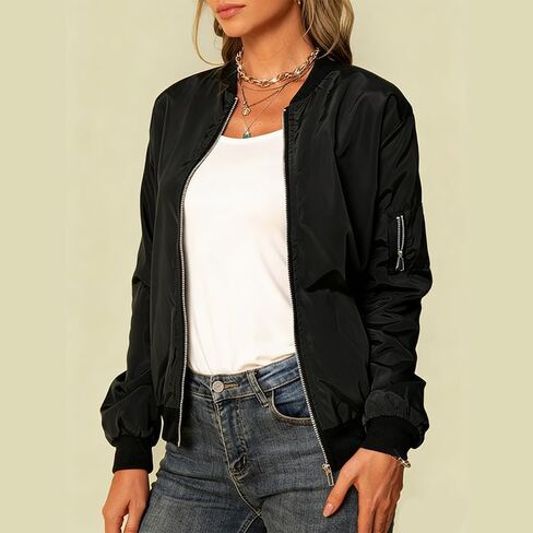 Women's Bomber Jacket Casual Zip-Up Coat, Lightweight Flight Jacket with Pockets, Spring & Fall Fashion Outerwear in Saudi Arabia