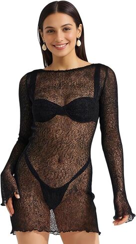 فستان بيكيني نسائي للشاطئ بأكمام طويلة بدون ظهر شفاف من خلال غطاء محبوك من الكروشيه in Kuwait