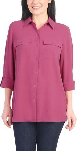 Hilary Radley Women's Roll Tab Sleeve Blouse, Button Down, Long Sleeve, Crinkle Top with Chest Pockets in Kuwait