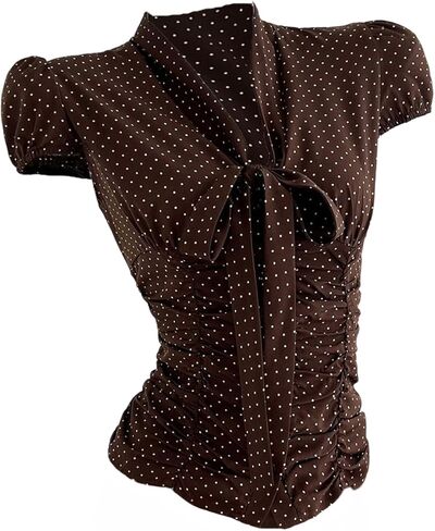 SweatyRocks Women's Ruched Button Down Tie Neck Cap Sleeve Polka Dots Print Shirts Crop Top Blouse in Saudi Arabia