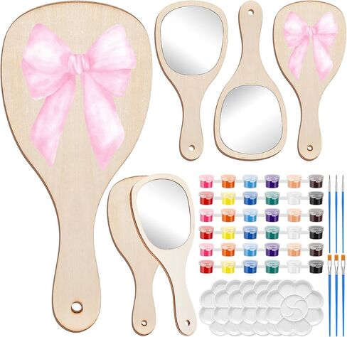 Novabright 6 Set DIY Wooden Painting Hand Mirror Crafts Kits for Women Decorate Your Own Handheld Mirror with Paint Brush and Palette for Birthday Gift Princess Themed Party Supplies in Kuwait