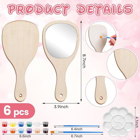 Novabright 6 Set DIY Wooden Painting Hand Mirror Crafts Kits for Women Decorate Your Own Handheld Mirror with Paint Brush and Palette for Birthday Gift Princess Themed Party Supplies in Kuwait