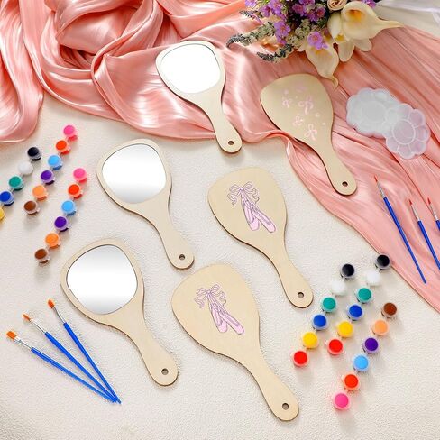 Novabright 6 Set DIY Wooden Painting Hand Mirror Crafts Kits for Women Decorate Your Own Handheld Mirror with Paint Brush and Palette for Birthday Gift Princess Themed Party Supplies in Kuwait