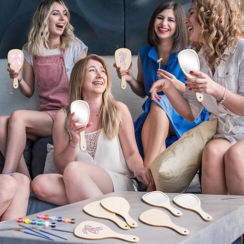 Novabright 6 Set DIY Wooden Painting Hand Mirror Crafts Kits for Women Decorate Your Own Handheld Mirror with Paint Brush and Palette for Birthday Gift Princess Themed Party Supplies in Kuwait