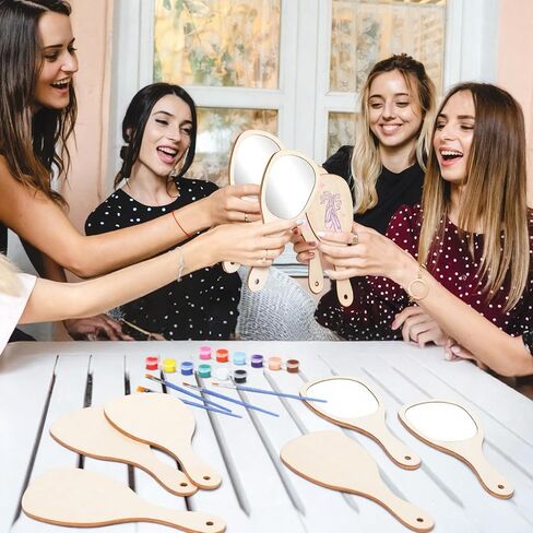 Novabright 6 Set DIY Wooden Painting Hand Mirror Crafts Kits for Women Decorate Your Own Handheld Mirror with Paint Brush and Palette for Birthday Gift Princess Themed Party Supplies in Kuwait