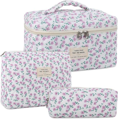 Anfly Makeup Bag, Quilted Cosmetic Bags, Large Floral Make Up Bag for Women, Cute Cotton Makeup Bag 3PC Set, Travel Toiletry Bag (Pink) in Saudi Arabia