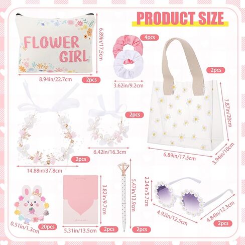 38Pcs Flower Girl Proposal Gift Set Including Flower Girl Bags Canvas Bag Glasses Headband Bracelet Diamond Pen Hair Accessories Scunchies Card For Wedding Engagement Bridal Shower Party in Saudi Arabia