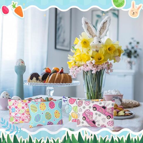 Abbylike 24 Pcs Easter Canvas Makeup Bags Bulk Cosmetic Bags Toiletry Storage Zipper Pouch Portable Travel Purse Toiletry Pocket Organizer for Easter Women Men Gifts in Kuwait