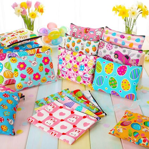 Abbylike 24 Pcs Easter Canvas Makeup Bags Bulk Cosmetic Bags Toiletry Storage Zipper Pouch Portable Travel Purse Toiletry Pocket Organizer for Easter Women Men Gifts in Kuwait