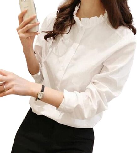GK-O Lady Ruffle Collor Shirt Long Sleeve Button Down Loose Casual Work Blouse in Saudi Arabia
