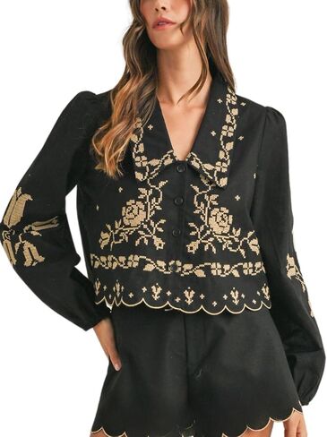Cropped Floral Embroidery Long Sleeve V Neck Blouse Collar Button Down Shirt in Saudi Arabia
