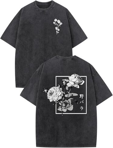 تي شيرتات ذات رسومات يابانية للرجال قمصان Harajuku Rose Flower Floral قمصان كلاسيكية رائعة كبيرة الحجم ملابس الشارع الشهير ملابس حمضية مغسولة in Kuwait