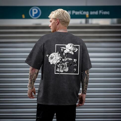 تي شيرتات ذات رسومات يابانية للرجال قمصان Harajuku Rose Flower Floral قمصان كلاسيكية رائعة كبيرة الحجم ملابس الشارع الشهير ملابس حمضية مغسولة in Kuwait