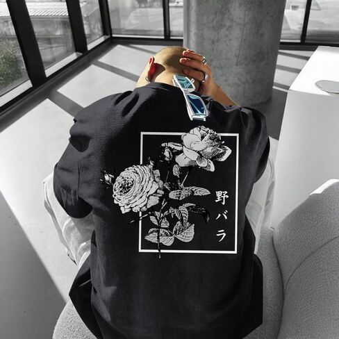 تي شيرتات ذات رسومات يابانية للرجال قمصان Harajuku Rose Flower Floral قمصان كلاسيكية رائعة كبيرة الحجم ملابس الشارع الشهير ملابس حمضية مغسولة in Kuwait
