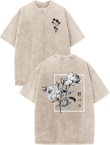 تي شيرتات ذات رسومات يابانية للرجال قمصان Harajuku Rose Flower Floral قمصان كلاسيكية رائعة كبيرة الحجم ملابس الشارع الشهير ملابس حمضية مغسولة in Kuwait