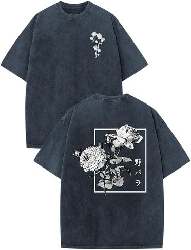 تي شيرتات ذات رسومات يابانية للرجال قمصان Harajuku Rose Flower Floral قمصان كلاسيكية رائعة كبيرة الحجم ملابس الشارع الشهير ملابس حمضية مغسولة in Kuwait