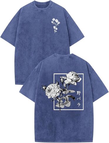تي شيرتات ذات رسومات يابانية للرجال قمصان Harajuku Rose Flower Floral قمصان كلاسيكية رائعة كبيرة الحجم ملابس الشارع الشهير ملابس حمضية مغسولة in Kuwait
