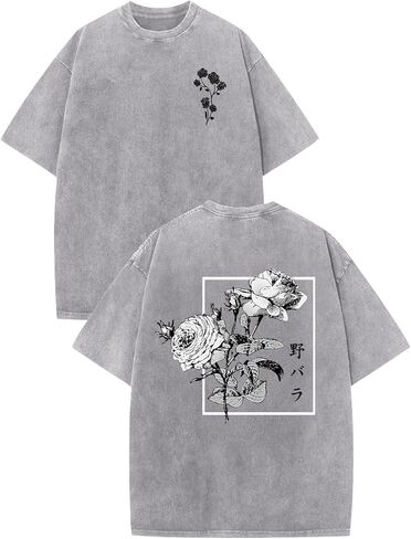 تي شيرتات ذات رسومات يابانية للرجال قمصان Harajuku Rose Flower Floral قمصان كلاسيكية رائعة كبيرة الحجم ملابس الشارع الشهير ملابس حمضية مغسولة in Kuwait