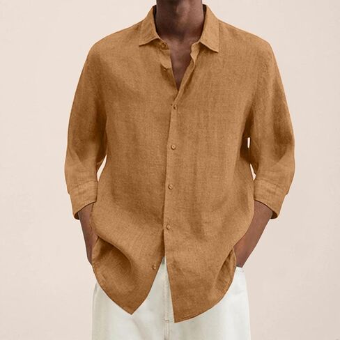Linen Shirts for Men Summer Beach V Neck Button Casual Tops 2025 Trendy Boho 3/4 Sleeve Lightweight Tunic Blouses in Saudi Arabia