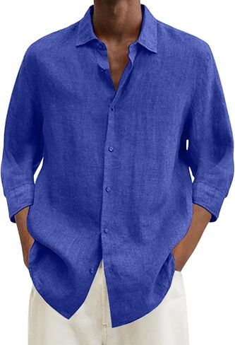 Linen Shirts for Men Summer Beach V Neck Button Casual Tops 2025 Trendy Boho 3/4 Sleeve Lightweight Tunic Blouses in Saudi Arabia