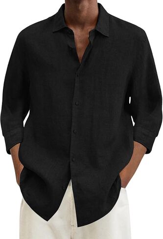 Linen Shirts for Men Summer Beach V Neck Button Casual Tops 2025 Trendy Boho 3/4 Sleeve Lightweight Tunic Blouses in Saudi Arabia