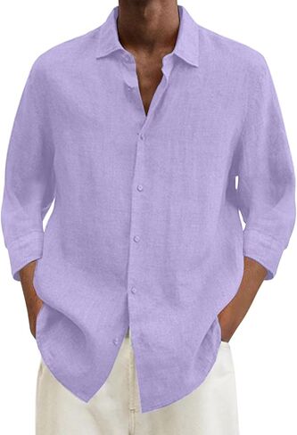 Linen Shirts for Men Summer Beach V Neck Button Casual Tops 2025 Trendy Boho 3/4 Sleeve Lightweight Tunic Blouses in Saudi Arabia