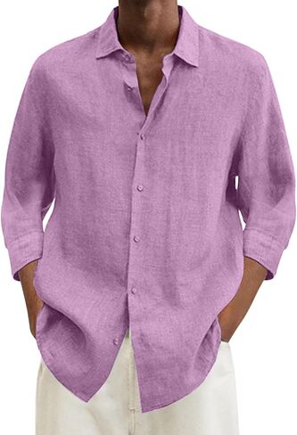 Linen Shirts for Men Summer Beach V Neck Button Casual Tops 2025 Trendy Boho 3/4 Sleeve Lightweight Tunic Blouses in Saudi Arabia