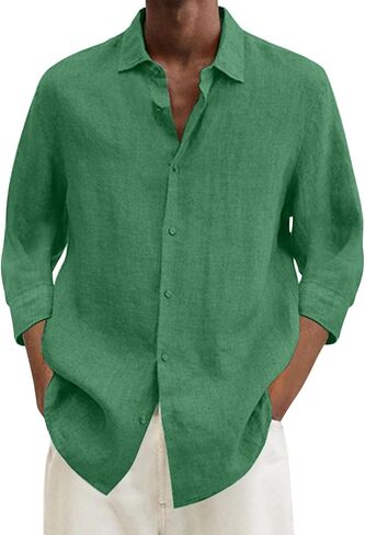 Linen Shirts for Men Summer Beach V Neck Button Casual Tops 2025 Trendy Boho 3/4 Sleeve Lightweight Tunic Blouses in Saudi Arabia