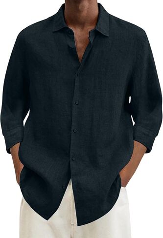 Linen Shirts for Men Summer Beach V Neck Button Casual Tops 2025 Trendy Boho 3/4 Sleeve Lightweight Tunic Blouses in Saudi Arabia